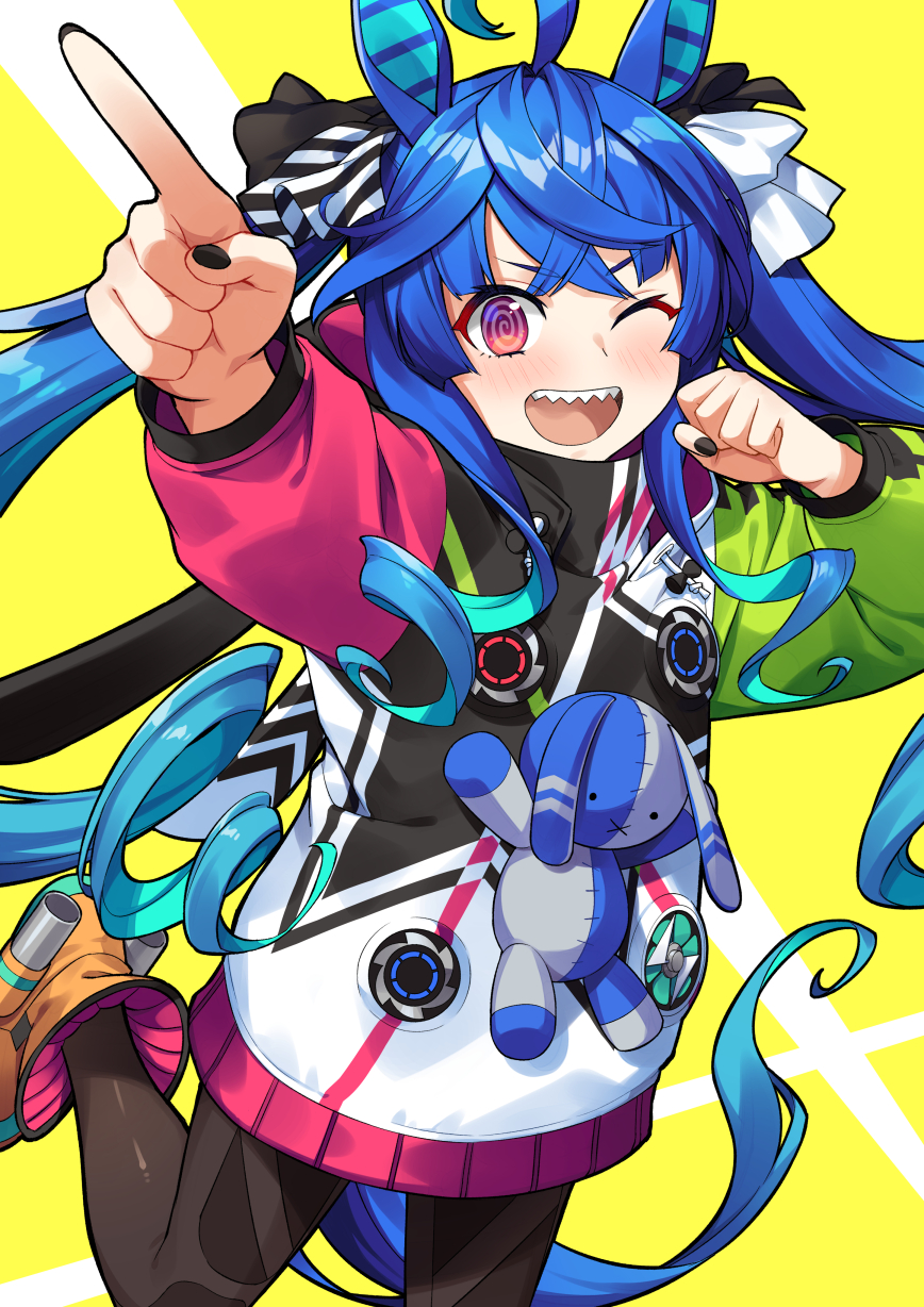1girl @_@ ahoge animal_ears bangs black_legwear black_nails blue_hair boots bow clenched_hand commentary_request crossed_bangs foot_out_of_frame hair_bow highres horse_ears horse_girl horse_tail jacket long_hair long_sleeves looking_at_viewer multicolored_bow one_eye_closed open_mouth pantyhose pointing sharp_teeth smile solo standing standing_on_one_leg stuffed_animal stuffed_bunny stuffed_toy suneru tail teeth twin_turbo_(umamusume) twintails two-tone_background umamusume upper_teeth v-shaped_eyebrows very_long_hair white_background yellow_background