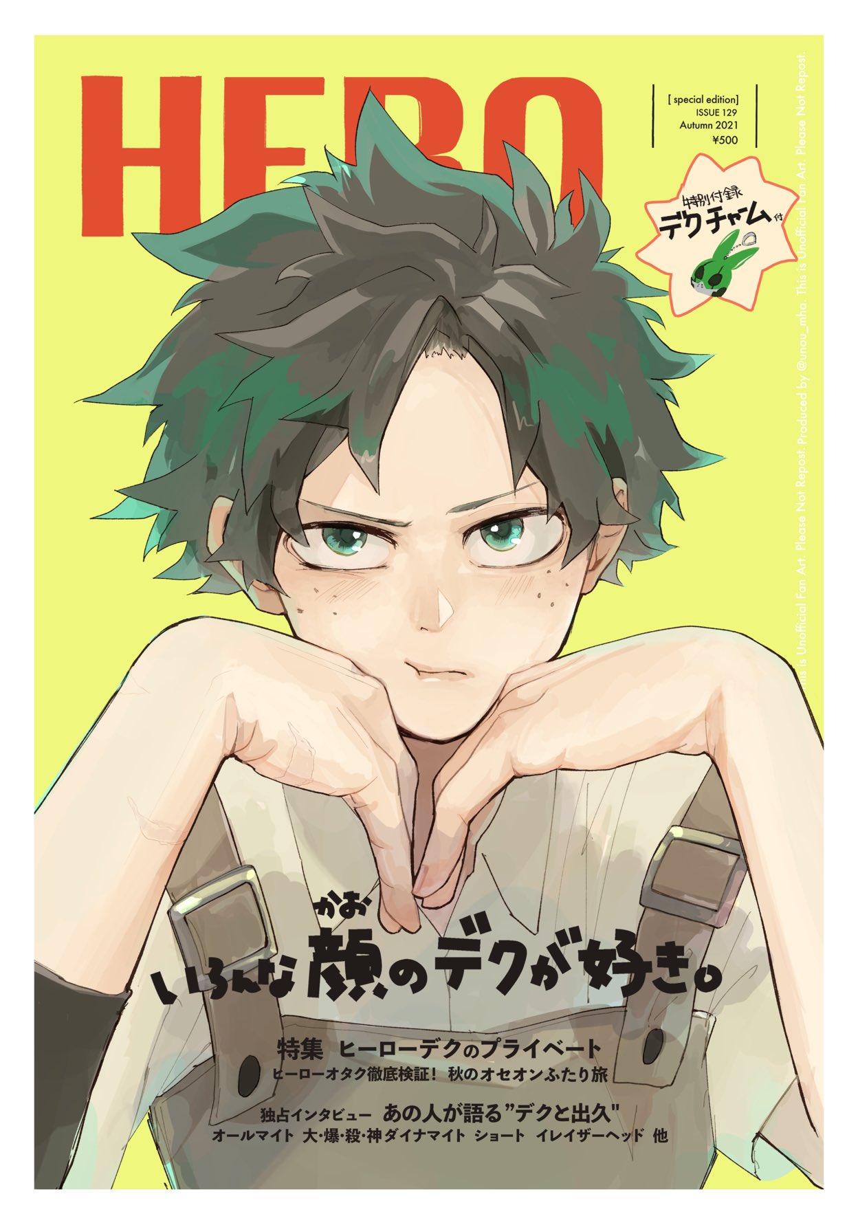 1boy alternate_costume bangs black_hair blue_eyes boku_no_hero_academia border collared_shirt commentary_request freckles green_eyes green_hair hands_up highres looking_at_viewer male_focus midoriya_izuku overalls pout scar_on_hand shirt short_hair solo translation_request unou_(unou_mha) upper_body white_background white_border white_shirt yellow_background