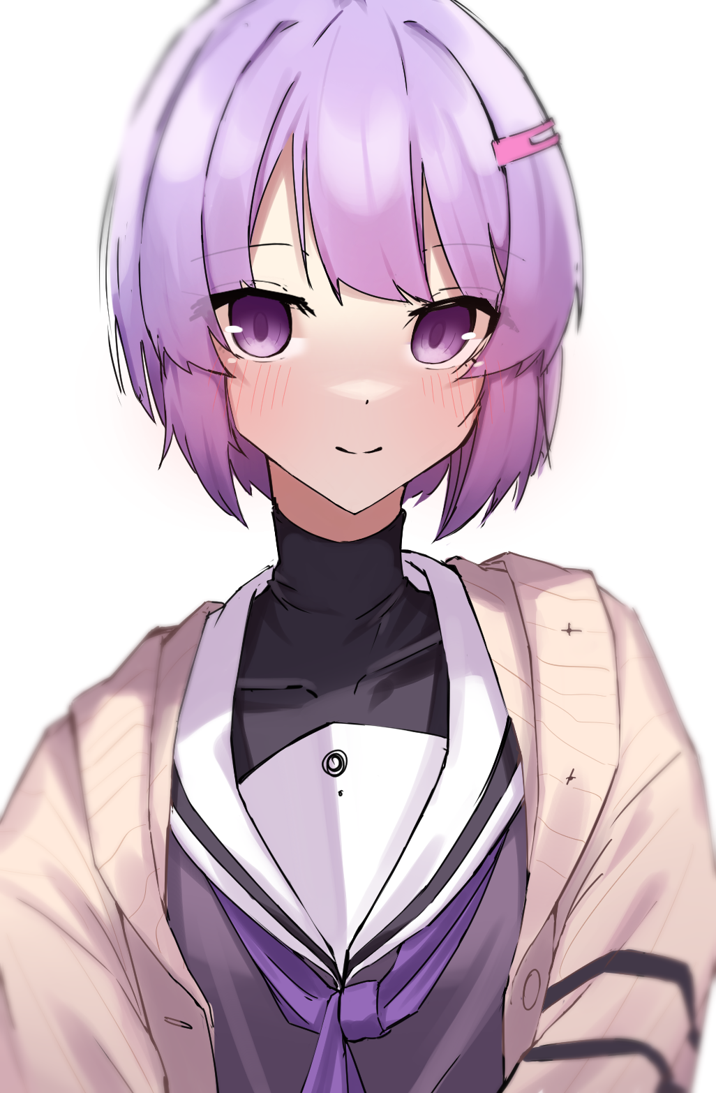 1girl a.i._voice black_shirt brown_cardigan cardigan collar collared_shirt commentary grey_shirt gunpuu hair_ornament hairclip highres looking_at_viewer open_cardigan open_clothes purple_hair purple_neckwear sailor_collar school_uniform shirt short_hair smile solo turtleneck upper_body violet_eyes vocaloid voiceroid white_background white_collar yuzuki_yukari yuzuki_yukari_(shizuku)