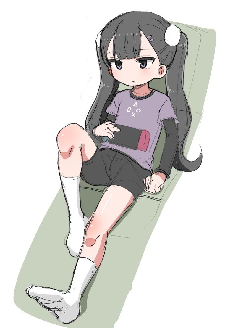 1girl bike_shorts black_eyes black_hair character_request copyright_request kneehighs layered_shirt long_hair nintendo_switch okayu_(deleted) reclining simple_background sketch solo twintails white_legwear