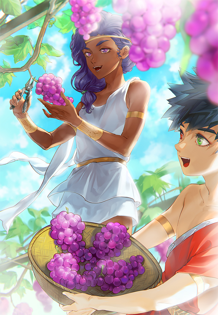 2boys basket black_hair blue_sky changye circlet clippers dark-skinned_male dark_skin dionysus_(hades) food fruit grapes greek_clothes green_eyes hades_(game) heterochromia long_hair low-tied_long_hair male_focus multiple_boys open_mouth plant purple_hair red_eyes sky smile vines violet_eyes younger zagreus_(hades)