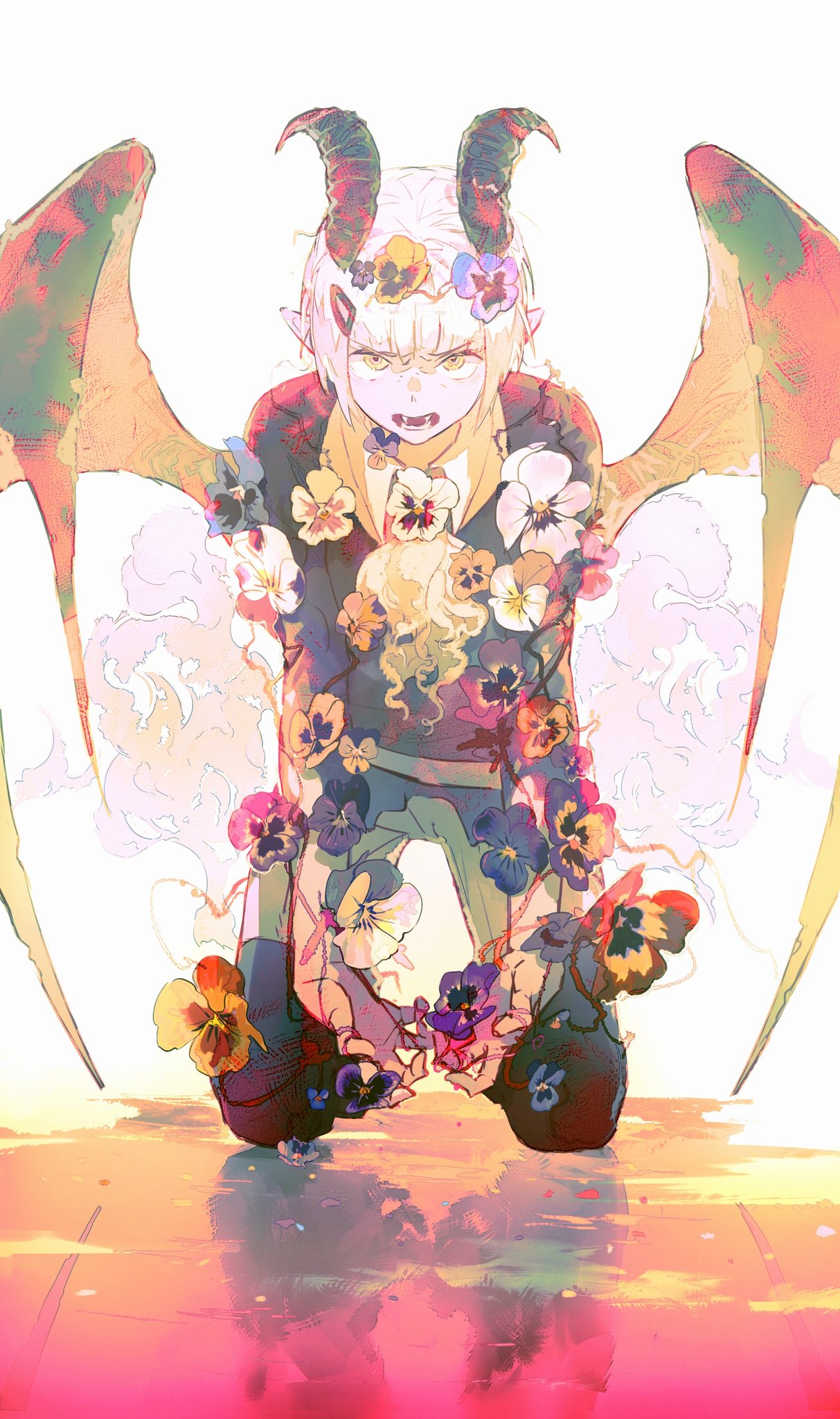 1other ascot bangs blunt_bangs fangs flower hair_ornament hairclip highres horns lingcod_dayu looking_at_viewer open_mouth original pansy pants pointy_ears reflection shirt short_hair solo white_hair wings yellow_eyes