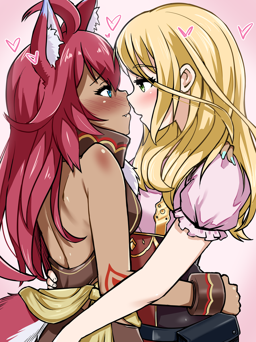 2girls ahoge alice_(rune_factory) animal_ear_fluff animal_ears arm_tattoo backless_outfit blonde_hair blue_eyes blue_nails blush dark_skin dog_ears dog_girl dog_tail eye_contact eyebrows_visible_through_hair fang fuuka_(rune_factory) green_eyes hand_on_another's_hip heart highres hug imminent_kiss long_hair looking_at_another multiple_girls noses_touching open_mouth pink_hair pouch profile puffy_short_sleeves puffy_sleeves rune_factory rune_factory_5 short_sleeves sirachi tail tattoo yuri