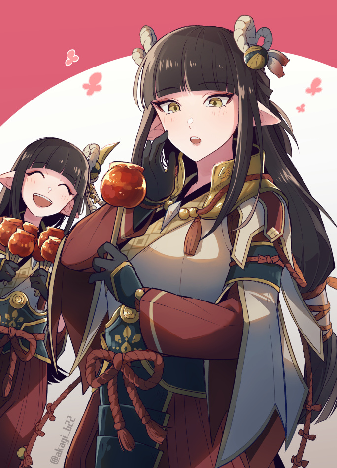 2girls akagi_b22 bangs black_gloves black_hair blunt_bangs blush breasts closed_mouth commentary eyebrows_visible_through_hair eyeshadow gloves gold_trim grey_background hair_ornament hinoa holding_hands interlocked_fingers japanese_clothes large_breasts long_hair looking_at_viewer makeup medium_breasts minoto monster_hunter_(series) monster_hunter_rise multiple_girls parted_lips pointy_ears red_eyeshadow siblings sidelocks simple_background sisters smile straight_hair tassel tsurime twins wide_sleeves yellow_eyes