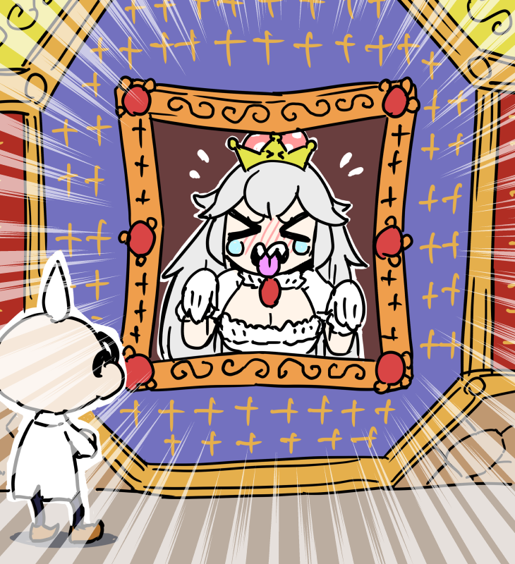 &gt;_&lt; dress luigi's_mansion pale_skin portrait princess_king_boo professor_elvin_gadd sharp_teeth super_crown teeth tokkyuu_mikan tongue tongue_out white_dress white_hair