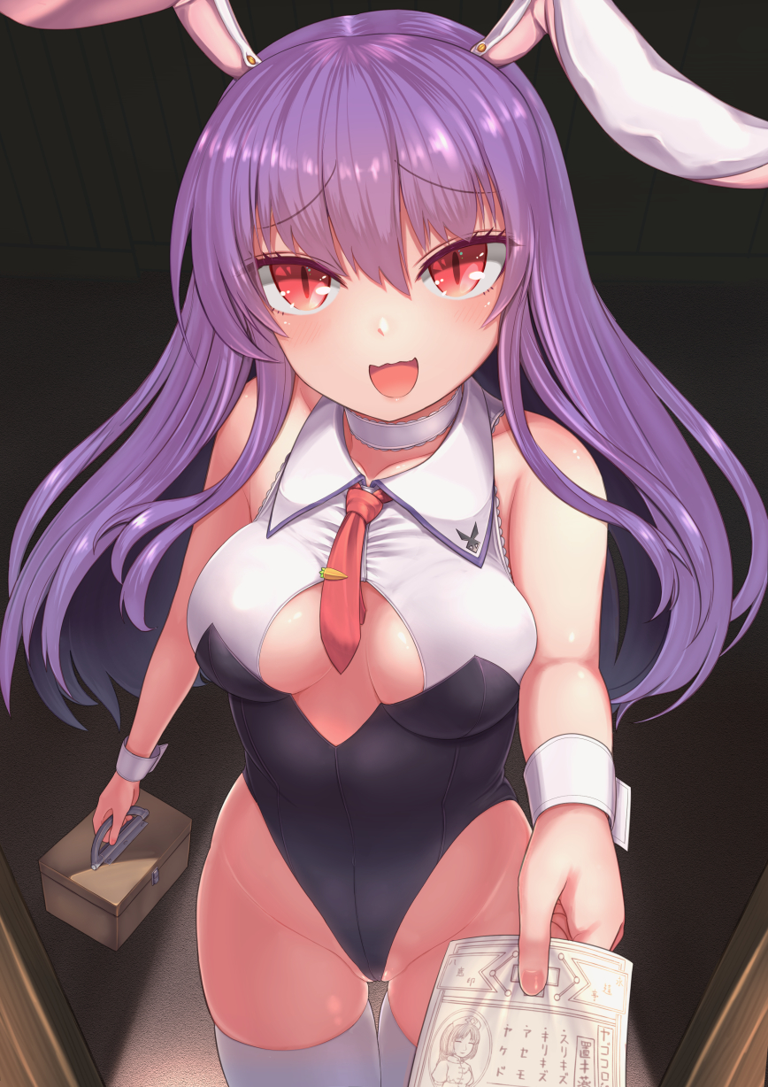 1girl animal_ears bangs bare_shoulders black_dress blush breasts bunny_day carrot_necklace choker collar collared_shirt dress eyebrows_visible_through_hair hair_between_eyes hand_up harunoha highres long_hair looking_at_viewer medium_breasts necktie open_mouth paper playboy_bunny purple_hair rabbit_ears red_eyes red_neckwear reisen_udongein_inaba shirt smile solo standing thigh-highs touhou white_choker white_dress white_legwear white_neckwear wrist_cuffs