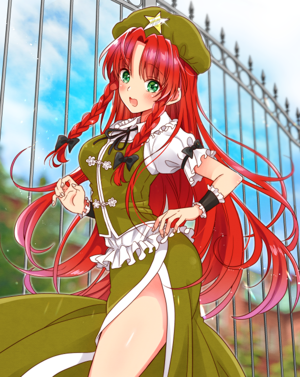1girl bangs black_bow blue_sky bow braid chinese_clothes clouds cloudy_sky eyebrows_visible_through_hair green_eyes green_headwear green_skirt green_vest hair_bow hands_up hat hat_ornament hong_meiling long_hair looking_at_viewer okawa_friend open_mouth puffy_short_sleeves puffy_sleeves redhead shirt short_sleeves skirt sky solo standing star_(symbol) touhou tree twin_braids vest white_shirt wrist_cuffs