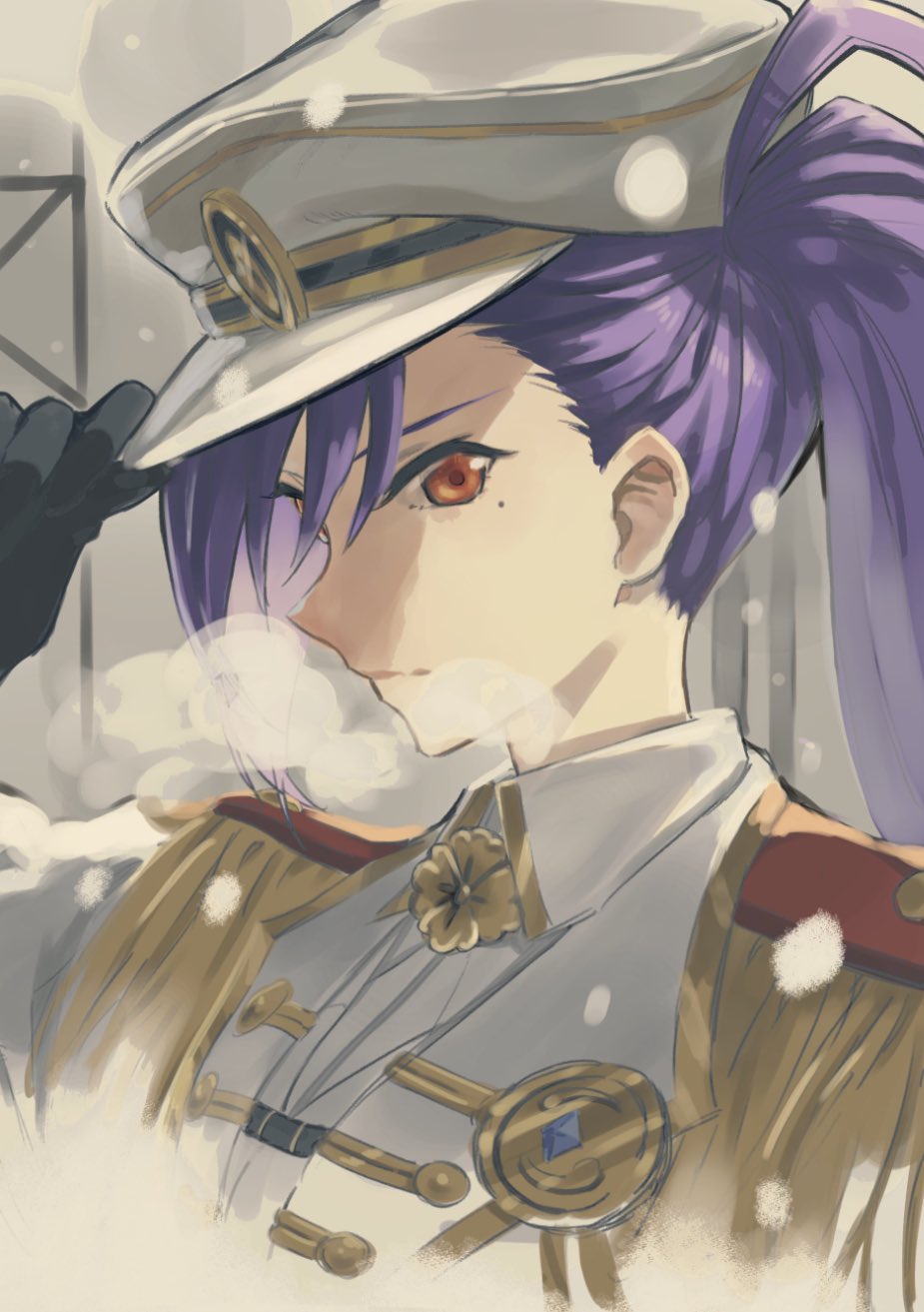 1girl adjusting_clothes adjusting_headwear arm_up bangs black_gloves breath closed_mouth collared_shirt commentary_request cosmic_(crownclowncosmic) cropped_torso epaulettes gloves hair_between_eyes hand_on_headwear hat highres jacket liu_mei_fan long_hair looking_at_viewer military military_hat military_uniform mole mole_under_mouth official_alternate_costume orange_eyes outdoors peaked_cap purple_hair shirt shoujo_kageki_revue_starlight shoujo_kageki_revue_starlight_-re_live- side_ponytail sketch snowing solo uniform upper_body v-shaped_eyebrows white_headwear white_jacket white_shirt