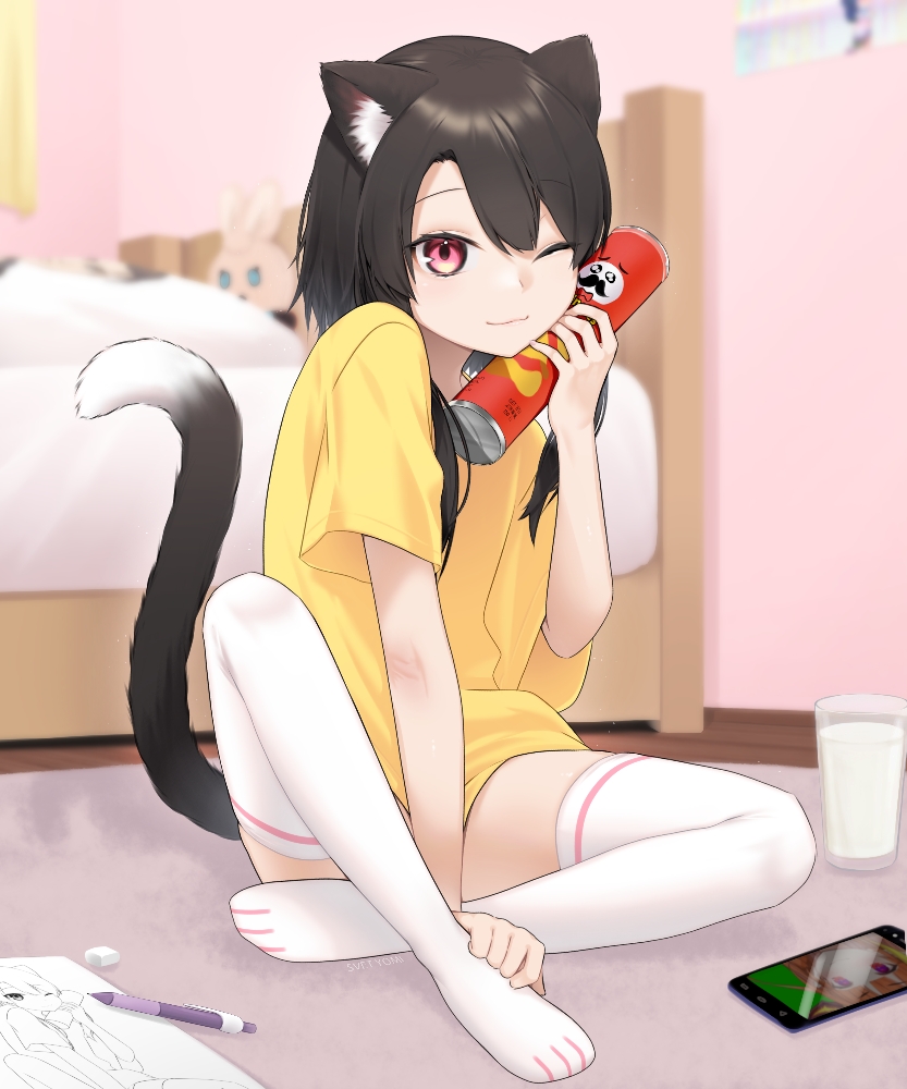 1girl animal_ear_fluff animal_ears bangs bed bed_frame bed_sheet black_hair blurry blurry_background blush bottomless cat_ears cat_girl cellphone closed_mouth commentary curtains drawing english_commentary eraser eyebrows_visible_through_hair full_body glass hand_up indoors long_hair looking_at_viewer milk no_shoes on_floor one_eye_closed original paper pencil phone pringles pringles_can purple_rug red_eyes shirt short_sleeves sitting smartphone smile solo stuffed_animal stuffed_toy svet_yomi tail thigh-highs white_legwear wooden_floor yellow_shirt