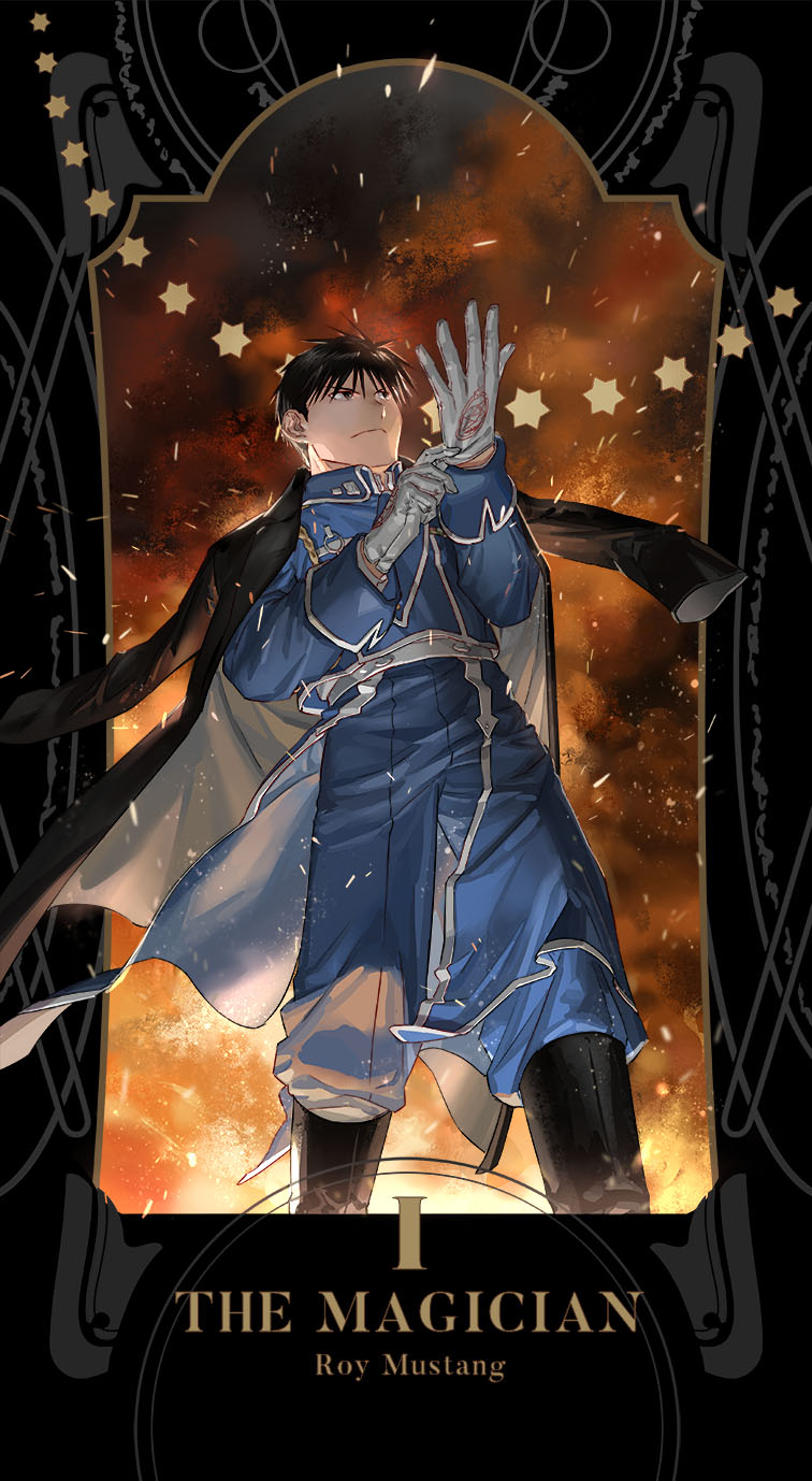 1boy amestris_military_uniform black_eyes black_hair boots card_(medium) character_name coat fire frown fullmetal_alchemist gloves highres holy_pumpkin looking_away male_focus military military_uniform roy_mustang serious short_hair solo standing star_(symbol) tarot uniform