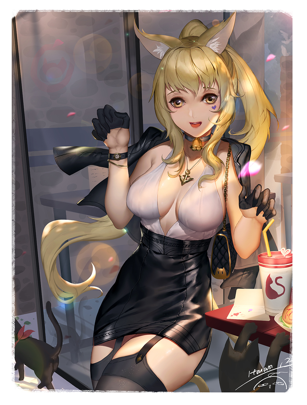 1girl animal_ears artist_name ayanami_(azur_lane) azur_lane bag bell black_gloves black_jacket black_legwear black_skirt blonde_hair breasts brown_eyes cat choker eyebrows_visible_through_hair facial_mark facial_tattoo food gloves heart heart_tattoo highres itoucon jacket jacket_on_shoulders jewelry long_hair looking_at_viewer medium_breasts neck_bell necklace open_mouth paw_pose pencil_skirt ponytail skirt solo table tattoo thigh-highs watch