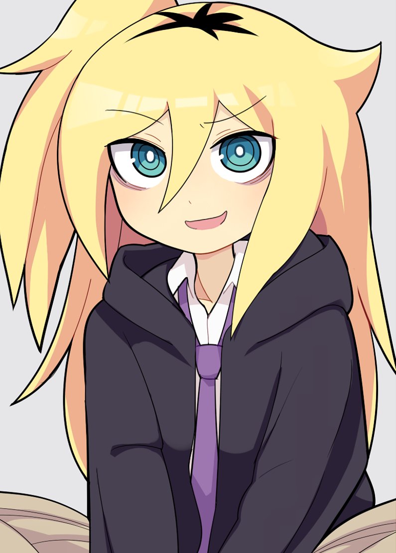 1girl :d alternate_hair_color bags_under_eyes black_hair black_hoodie blonde_hair collared_shirt commentary eyebrows_visible_through_hair green_eyes grey_background hair_between_eyes hood hood_down hoodie hospital_king kuroki_tomoko long_hair long_sleeves looking_at_viewer loose_necktie multicolored_hair necktie open_clothes open_hoodie open_mouth pleated_skirt purple_neckwear school_uniform shirt simple_background skirt smile solo two-tone_hair upper_body watashi_ga_motenai_no_wa_dou_kangaetemo_omaera_ga_warui! white_shirt