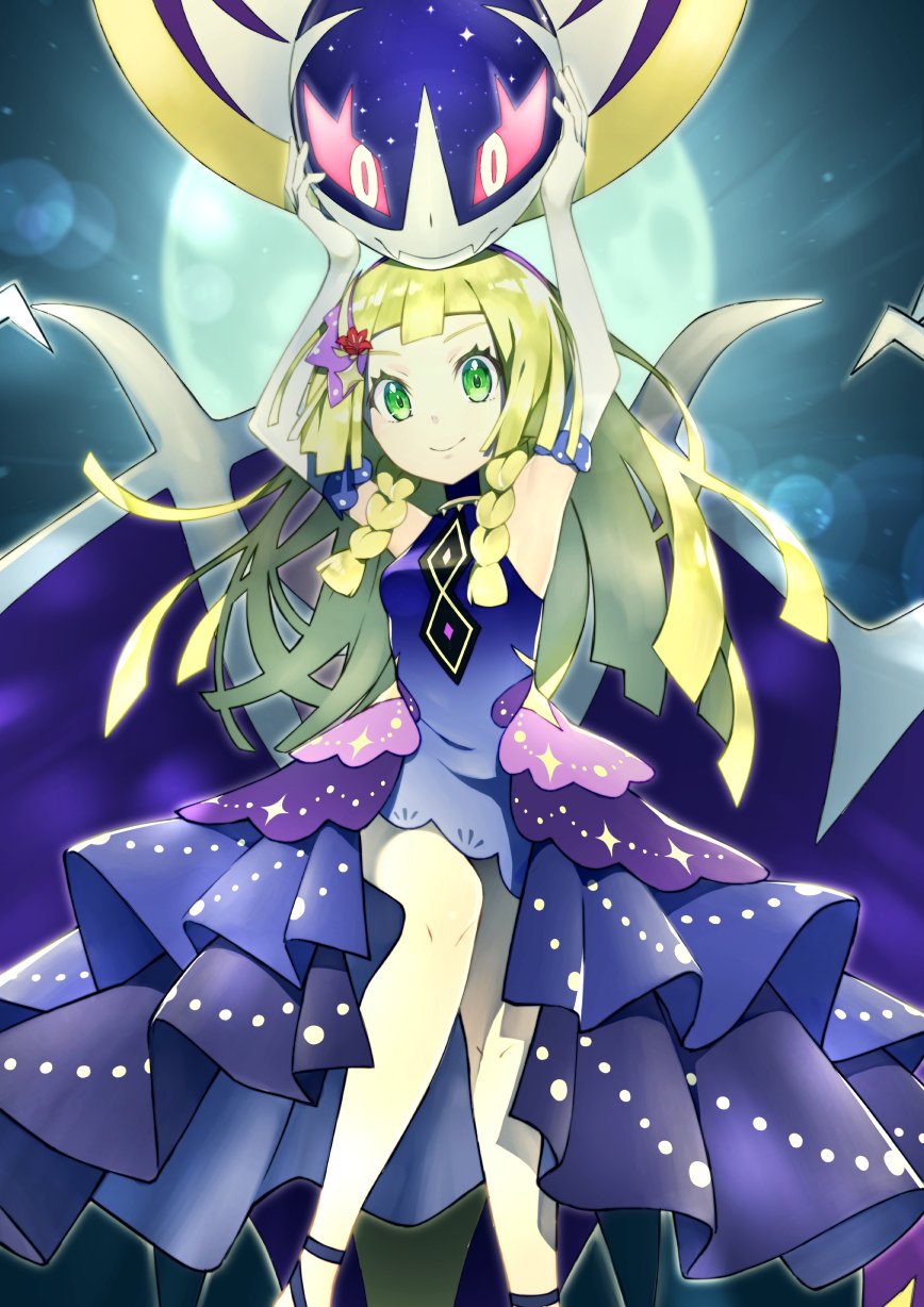 1girl arms_up bangs bare_shoulders blonde_hair braid breasts closed_mouth commentary_request dress elbow_gloves eyelashes flower frills gloves green_eyes hair_flower hair_ornament highres knees legendary_pokemon lens_flare lillie_(pokemon) long_hair looking_at_viewer lunala moon official_alternate_costume pokemon pokemon_(creature) pokemon_(game) pokemon_masters_ex red_flower rindoriko shoes smile twin_braids white_gloves