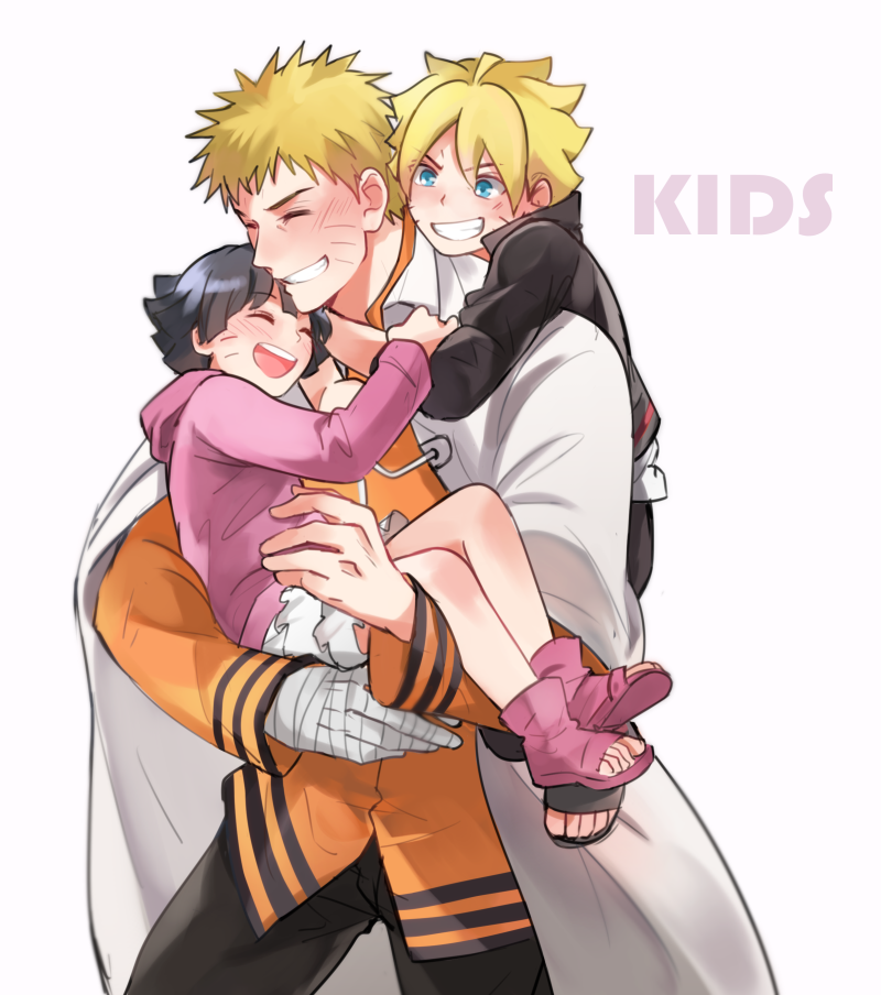 1girl 2boys ahoge arm_around_neck bandaged_hand bandages black_hair black_jacket black_pants blonde_hair blue_eyes boruto:_naruto_next_generations brother_and_sister clenched_teeth closed_eyes coat collared_jacket english_text eyebrows_visible_through_hair facial_mark father_and_daughter father_and_son grin hand_on_another's_arm happy high_collar holding hood hood_down hoodie hug hug_from_behind jacket layered_skirt light_blush looking_at_another looking_down messy_hair multiple_boys naruto_(series) open_clothes open_coat orange_jacket pants pink_footwear pink_hoodie shoes short_hair siblings simple_background skirt smile spiky_hair teeth toeless_footwear tsurime upper_teeth uzumaki_boruto uzumaki_himawari uzumaki_naruto v-shaped_eyebrows very_short_hair warable white_background white_coat white_skirt