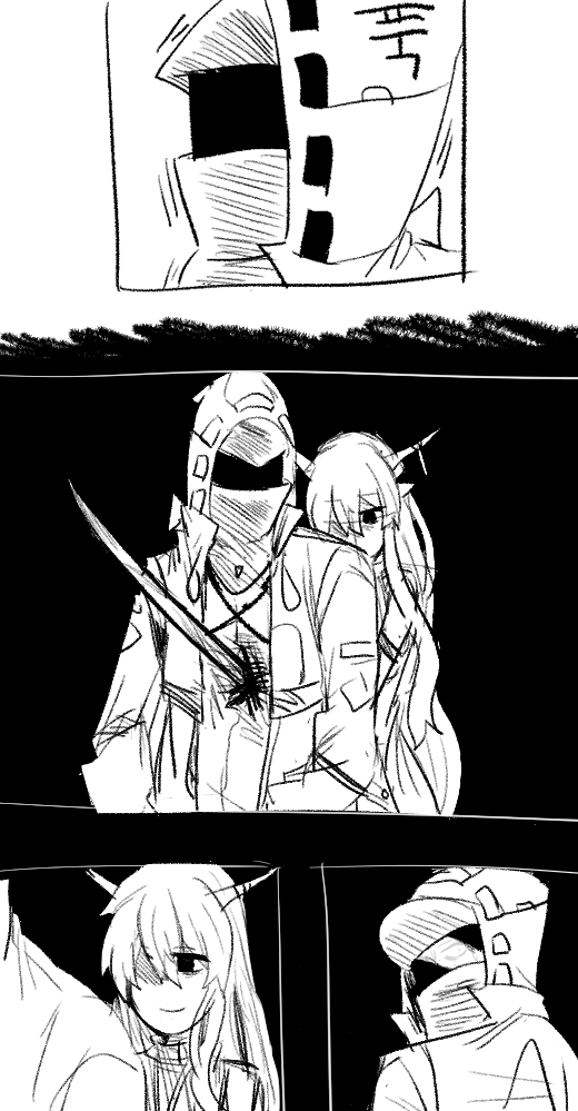 1boy 1girl arknights backstab blood blood_on_clothes doctor_(arknights) empty_eyes greyscale holding holding_sword holding_weapon horns manhwa monochrome omo_(h98013114) pointy_ears shining_(arknights) sword weapon yandere