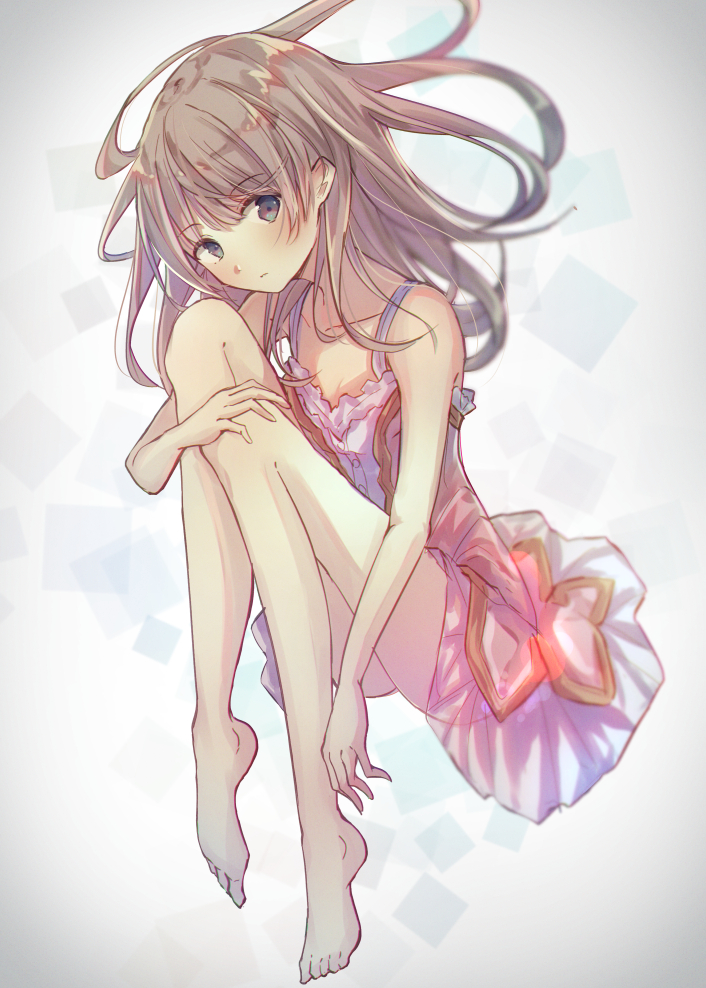 1girl atelier_(series) atelier_totori bare_shoulders barefoot breasts brown_hair closed_mouth dress eyebrows_visible_through_hair feet grey_eyes long_hair looking_at_viewer mogupon see-through simple_background small_breasts solo totooria_helmold