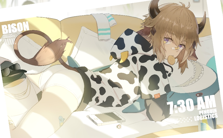 animal_ears animal_print arknights ass bird bison_(arknights) briefs brown_eyes brown_hair cellphone cow_boy cow_ears cow_hood cow_horns cow_print cow_tail emperor_penguin from_behind horns looking_at_viewer looking_back luye_yuan male_underwear penguin penguin_logistics_(arknights) phone tail the_emperor_(arknights) underwear