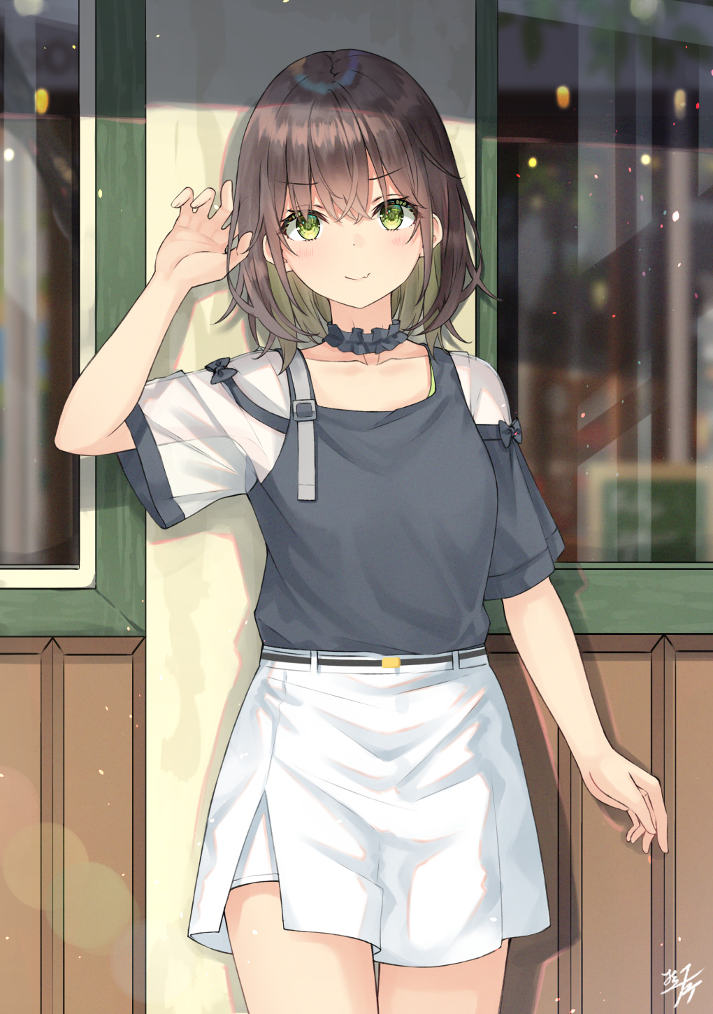 1girl asymmetrical_sleeves bangs black_shirt blush brown_hair closed_mouth commentary_request day eyebrows_visible_through_hair green_eyes hair_between_eyes hand_up highres looking_at_viewer miko_fly mismatched_sleeves original outdoors see-through see-through_sleeves shimamura_uzuki shirt short_sleeves signature skirt smile solo v-shaped_eyebrows white_skirt window