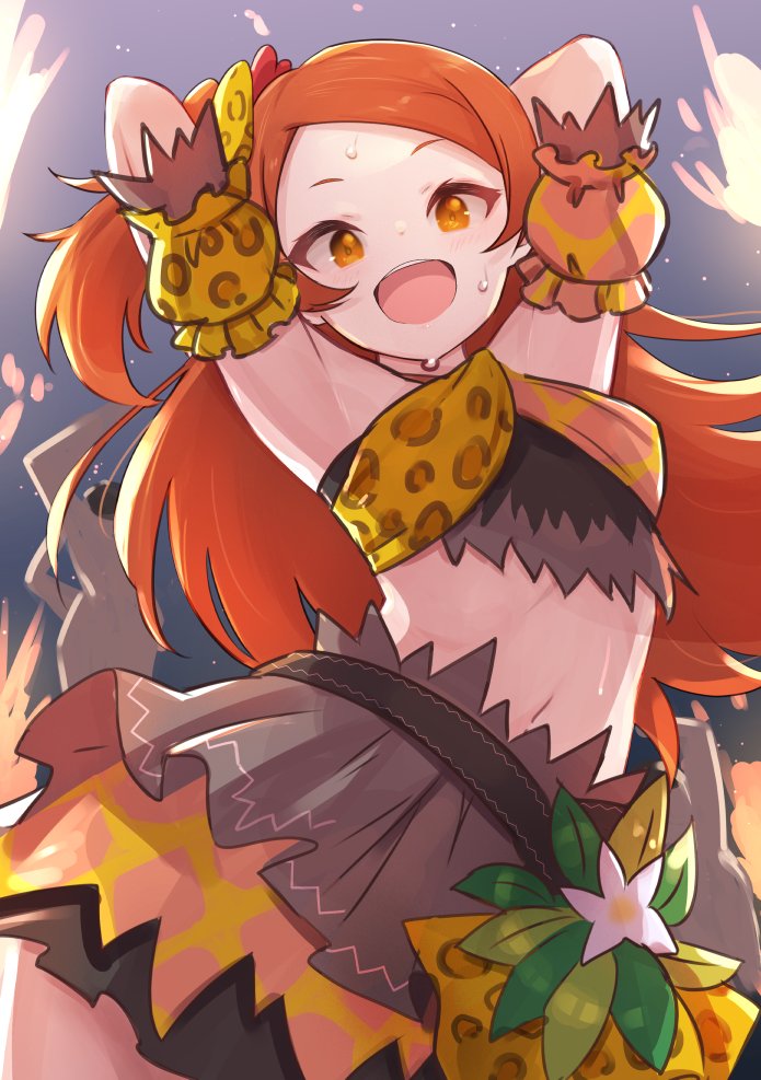 1girl animal_print armband arms_behind_back bow breasts brown_skirt commentary_request crop_top dancing dark_background extra fire flower giraffe_print hair_bow idolmaster idolmaster_million_live! idolmaster_million_live!_theater_days leopard_print light_blush long_hair looking_at_viewer midriff navel ogami_tamaki open_mouth orange_hair side_ponytail sidelocks skirt small_breasts smile solo_focus sweat tomamatto yellow_eyes
