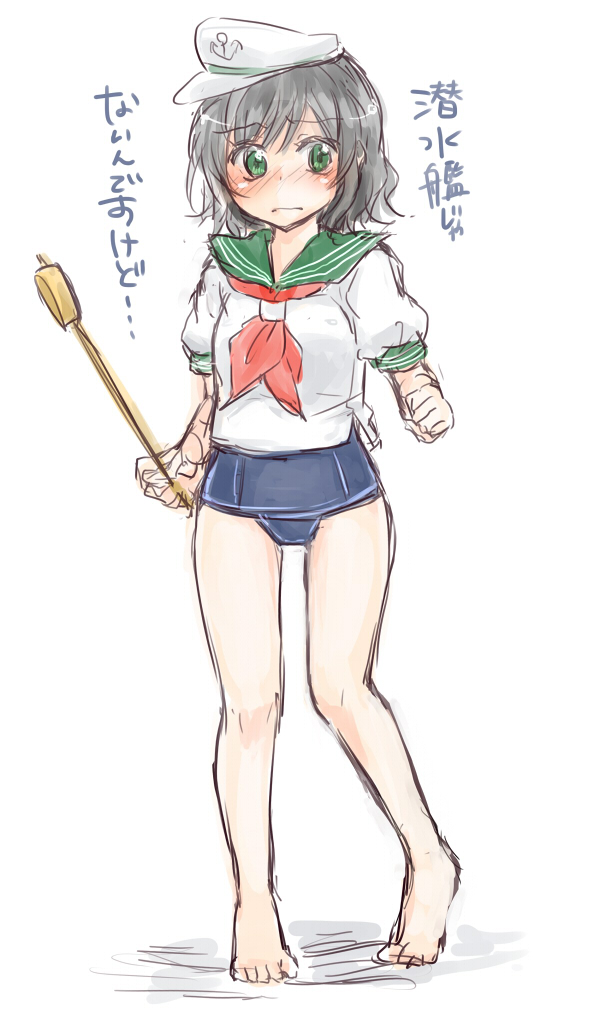 1girl barefoot black_hair breasts clenched_hand green_eyes hat monrooru murasa_minamitsu neckerchief one-piece_swimsuit puffy_short_sleeves puffy_sleeves sailor_collar sailor_hat sailor_shirt shirt short_hair short_sleeves small_breasts solo swimsuit touhou translation_request white_background