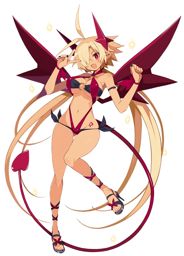 antenna_hair black_nails blonde_hair breasts demon_girl demon_horns demon_tail demon_wings disgaea disgaea_rpg earrings fang full_body hair_over_one_eye heart heart_tattoo high_heels horns jewelry large_breasts long_hair long_tail lucy_(disgaea) nail_polish navel o-ring o-ring_swimsuit official_art open_mouth photoshop_(medium) pointy_ears red_eyes red_tail red_wings ribbon sandals simple_background sparkle swimsuit tail tattoo toenail_polish toenails v very_long_hair w_arms white_background wings wrist_ribbon