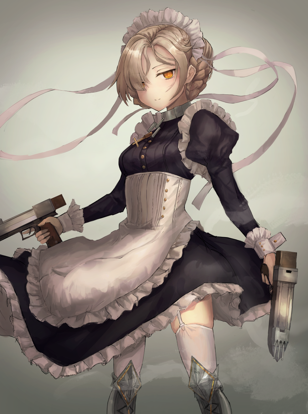 1girl apron azur_lane blonde_hair boots braid breasts closed_mouth cross cross_necklace eyebrows_visible_through_hair feet_out_of_frame french_braid garter_straps grey_background gun hair_between_eyes hair_ornament hair_over_one_eye hairband handgun highres holding holding_gun holding_weapon jewelry lithium10mg long_hair looking_at_viewer maid maid_apron maid_headdress necklace orange_eyes pistol sheffield_(azur_lane) small_breasts solo standing thigh-highs weapon white_legwear
