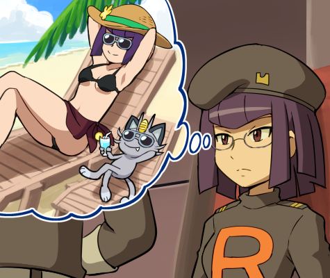 1girl alolan_form alolan_meowth bangs belt brown_eyes closed_mouth commentary_request frown glasses gloves hat imagining indoors jacket logo lowres matori_(pokemon) pokemoa pokemon pokemon_(anime) pokemon_sm_(anime) purple_hair shiny shiny_hair short_hair split_mouth team_rocket team_rocket_uniform thought_bubble