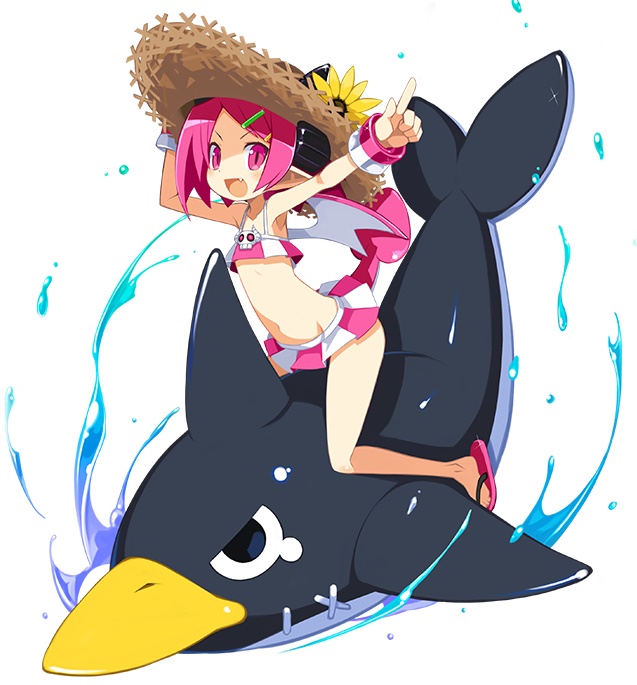 1girl bikini bikini_skirt demon_girl demon_horns demon_tail demon_wings disgaea disgaea_rpg fang flat_chest flower full_body hair_ornament hairclip hand_on_headwear hat hat_flower horns index_finger_raised inflatable_toy looking_at_viewer navel official_art open_mouth outstretched_arm photoshop_(medium) pink_eyes pink_hair pointy_ears raspberyl riding sandals short_hair slit_pupils solo spaghetti_strap straw_hat sun_hat swimsuit tail wings wrist_cuffs