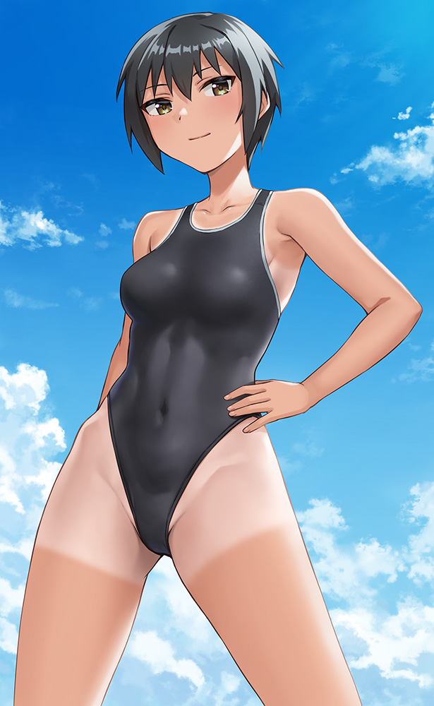 1girl black_eyes black_hair black_swimsuit blue_sky breasts clouds collarbone commentary competition_swimsuit covered_navel hand_on_hip hashi highleg highleg_swimsuit looking_at_viewer medium_breasts one-piece_swimsuit original reward_available short_hair sky solo swimsuit tan tanlines tomboy