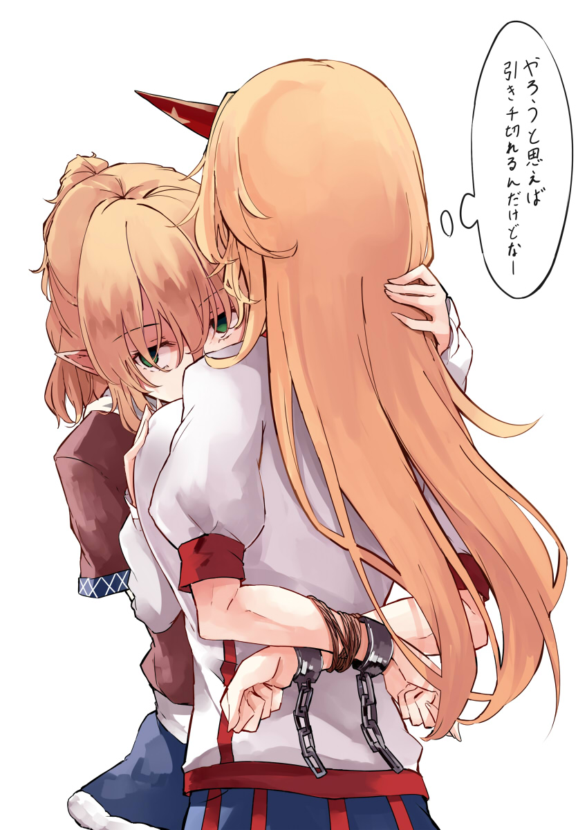 2girls bangs blonde_hair bound bound_wrists breast_grab breasts chain commentary cuffs deetamu empty_eyes eyebrows_visible_through_hair grabbing green_eyes hair_between_eyes highres horns hoshiguma_yuugi large_breasts long_hair mizuhashi_parsee multiple_girls pointy_ears rope shirt short_ponytail simple_background single_horn thought_bubble touhou translation_request white_background white_shirt yuri