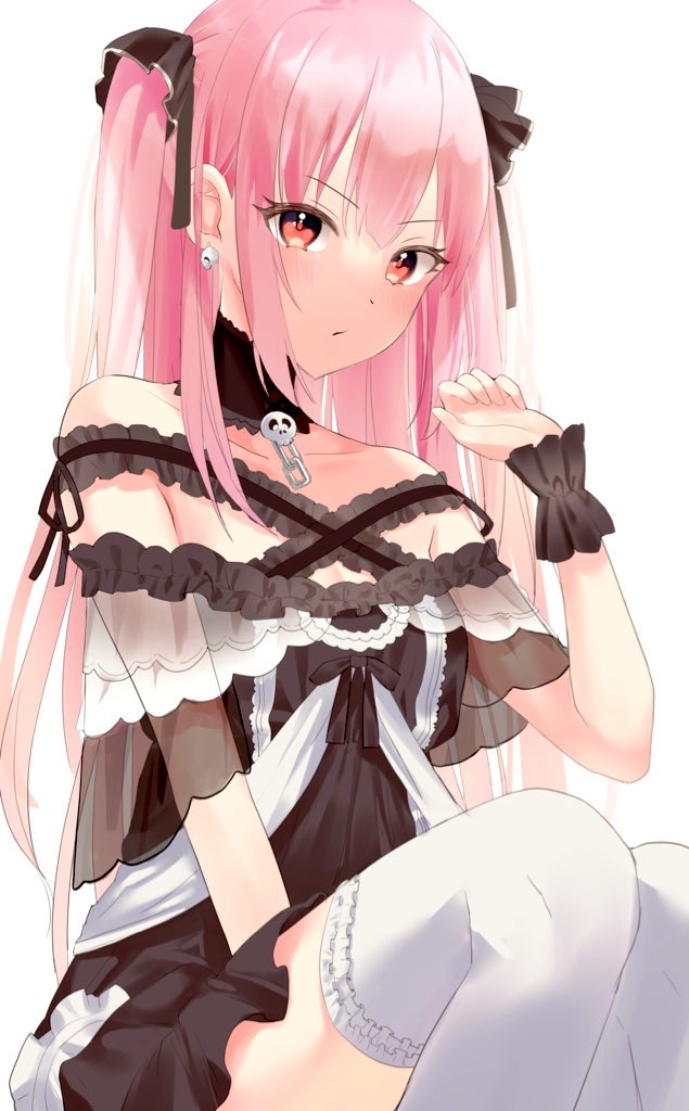 1girl bare_shoulders black_dress collarbone detached_collar dress earrings frilled_dress frilled_legwear frilled_straps frills hand_up hololive jewelry long_hair looking_at_viewer negima_(le_ne38) off-shoulder_dress off_shoulder pink_hair red_eyes see-through_sleeves short_dress short_sleeves simple_background sitting skull_earrings solo thigh-highs two_side_up uruha_rushia virtual_youtuber white_background white_legwear wristband