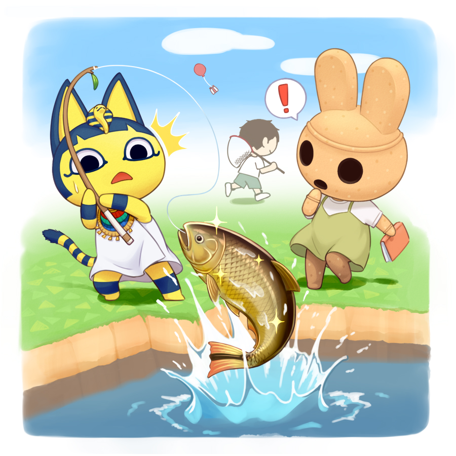 ! 1boy 2girls animal_crossing animal_ears ankha_(animal_crossing) balloon bangs black_eyes black_hair blue_sky blunt_bangs bob_cut book border breasts brown_dress cat_ears cat_girl cat_tail clouds coco_(animal_crossing) colored_skin dress egyptian egyptian_clothes fish furry furry_female gift goldfish grass hair_ornament haru_(haruhare3) holding holding_book multiple_girls open_mouth short_hair short_sleeves sky snake_hair_ornament spoken_exclamation_mark standing striped_tail tail villager_(animal_crossing) water white_border white_dress yellow_skin