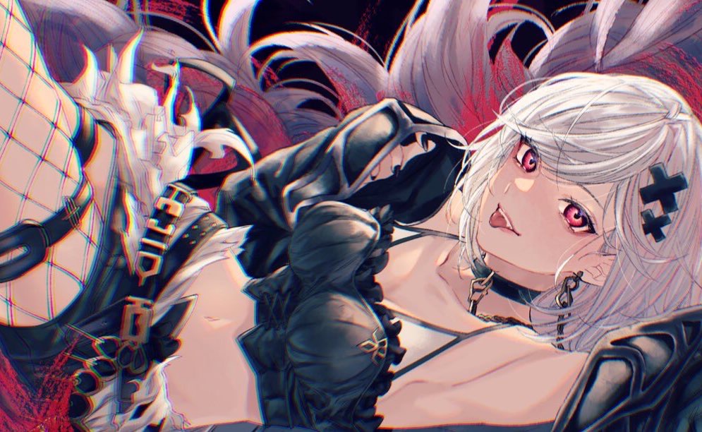 1girl alter_ego_malevolent_(granblue_fantasy) black_jacket breasts choker crop_top djeeta_(granblue_fantasy) fishnet_legwear fishnets granblue_fantasy grey_hair hair_ornament jacket jewelry looking_at_viewer medium_breasts midriff navel omotim000 red_eyes short_hair smile solo tongue tongue_out
