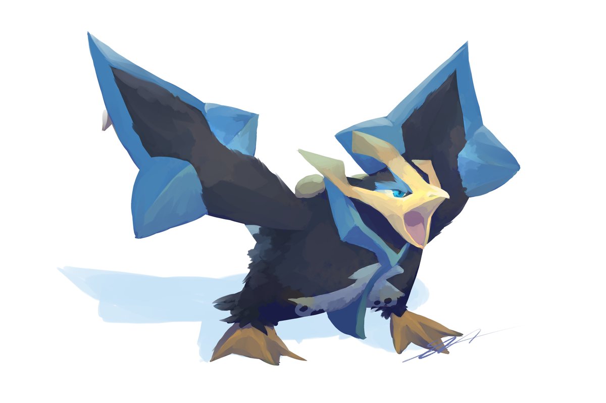 blue_eyes claws commentary empoleon english_commentary full_body legs_apart likey no_humans open_mouth pokemon pokemon_(creature) signature solo standing tongue white_background