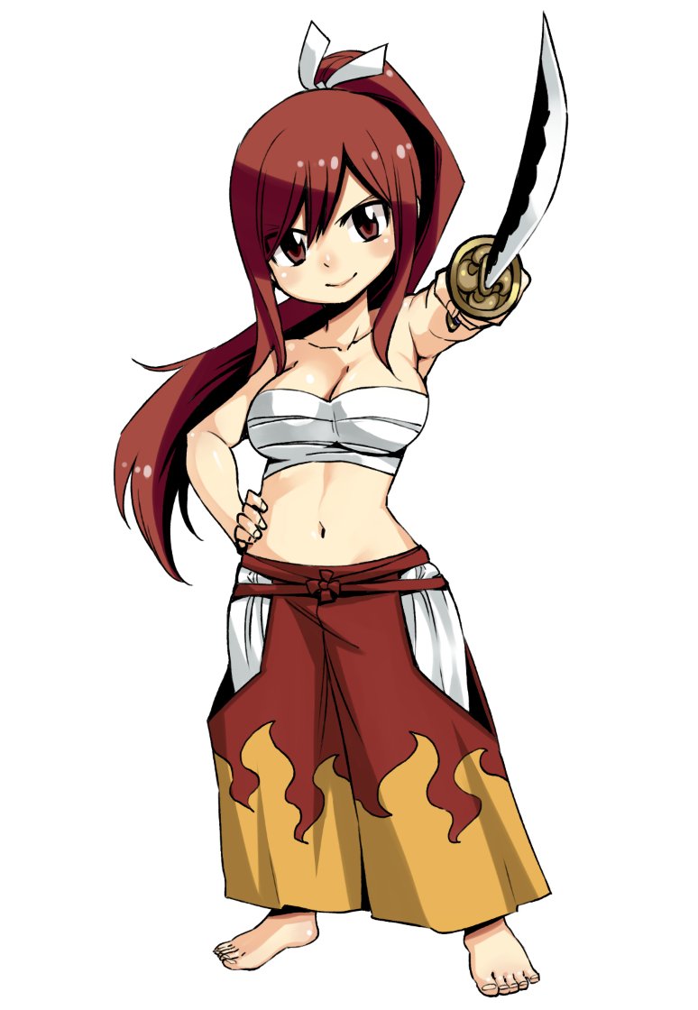1girl bare_shoulders barefoot breasts brown_eyes chibi commentary_request erza_scarlet eyes_visible_through_hair fairy_tail full_body hair_between_eyes hand_on_hip holding holding_sword holding_weapon katana large_breasts long_hair looking_at_viewer mashima_hiro midriff navel ponytail redhead sarashi simple_background sleeveless smile solo standing sword weapon white_background