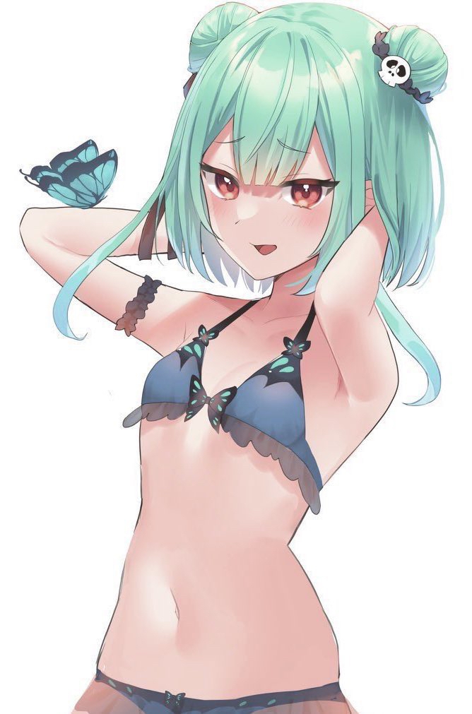 1girl adjusting_hair animal_print arm_garter armpits arms_behind_head arms_up bikini blue_bikini blush breasts bug butterfly butterfly_print cowboy_shot double_bun eyebrows_visible_through_hair frilled_bikini frills green_hair hair_flip hair_ornament hair_ribbon hololive looking_at_viewer medium_hair navel negima_(le_ne38) red_eyes ribbon sidelocks simple_background skull_hair_ornament small_breasts smile solo stomach swimsuit uruha_rushia virtual_youtuber white_background