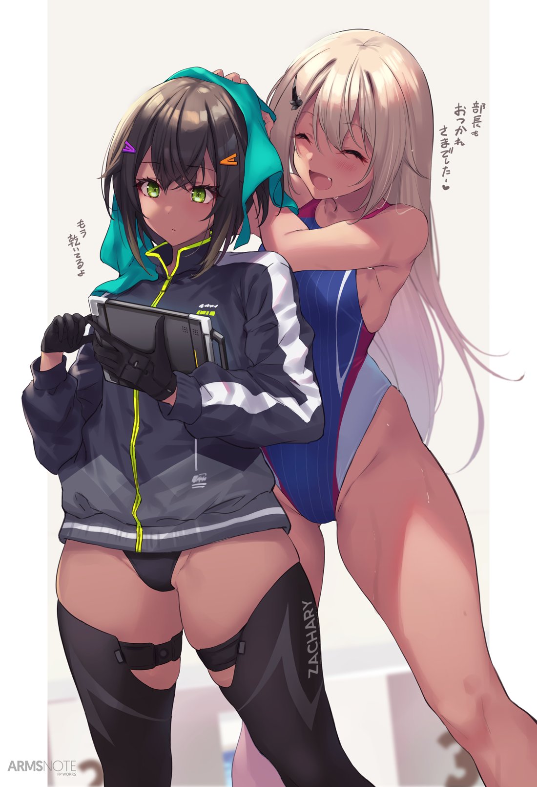 2girls black_gloves black_jacket blonde_hair brown_hair clipboard closed_eyes competition_swimsuit feet_out_of_frame fukai_ryosuke gloves green_eyes hair_ornament hairclip highres holding holding_clipboard holding_towel jacket leotard leotard_under_clothes long_hair multiple_girls one-piece_swimsuit original pool swimsuit thigh-highs thighs towel