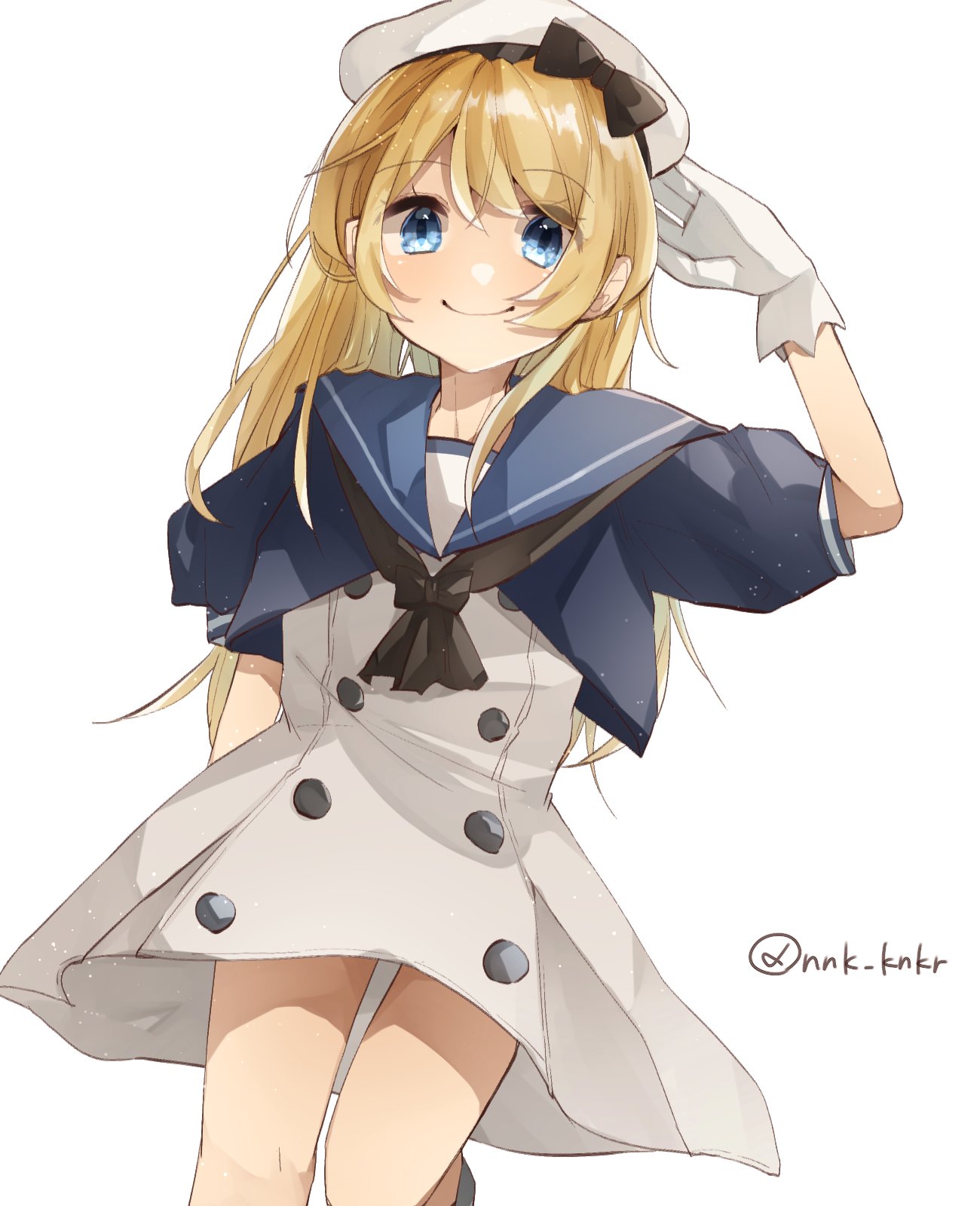 1girl blonde_hair blue_eyes blue_sailor_collar dress gloves hat highres jervis_(kancolle) kantai_collection long_hair looking_at_viewer nonko_(nnk_knkr) sailor_collar sailor_dress sailor_hat salute short_sleeves simple_background solo twitter_username white_background white_dress white_gloves white_headwear