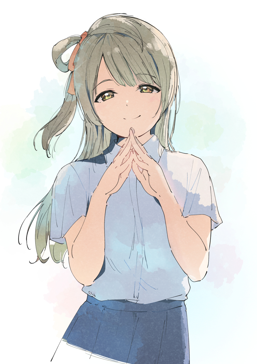 1girl alp bangs blue_background blue_skirt closed_mouth collared_shirt commentary_request cowboy_shot dress_shirt eyebrows_visible_through_hair green_background hair_ribbon hands_up highres light_brown_hair long_hair looking_at_viewer love_live! love_live!_school_idol_project minami_kotori multicolored multicolored_background one_side_up orange_ribbon pleated_skirt ribbon shirt shirt_tucked_in short_sleeves sketch skirt smile solo standing steepled_fingers white_background white_shirt yellow_eyes