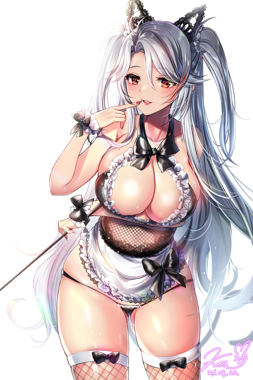 1girl alternate_costume apron arm_under_breasts ass_visible_through_thighs azur_lane bare_shoulders black_bow black_panties bow breasts center_opening dated enmaided finger_to_mouth fishnet_legwear fishnets frilled_apron frills highres huge_breasts long_hair maid orange_eyes panties prinz_eugen_(azur_lane) redhead signature silver_hair simple_background skirt solo thigh-highs underwear very_long_hair waist_apron white_apron white_background wrist_cuffs xes_(xes_5377)