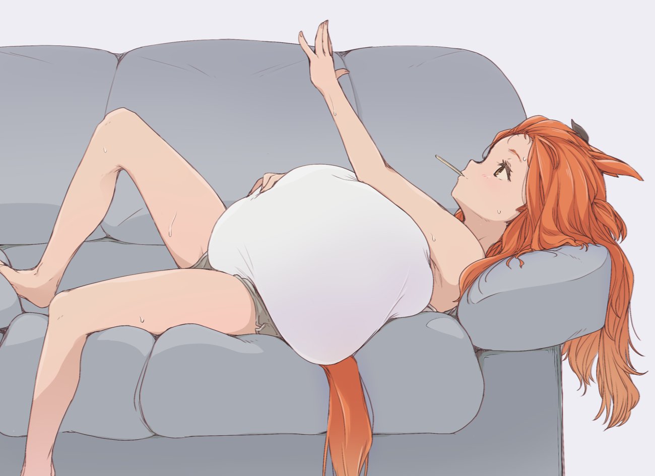 1girl animal_ears arm_up barefoot black_ribbon commentary_request couch ear_ribbon grey_shorts horse_ears horse_girl horse_tail kohaku_q legs long_hair lying mayano_top_gun_(umamusume) mouth_hold on_back on_couch orange_hair pillow ribbon shorts solo sweat tail umamusume