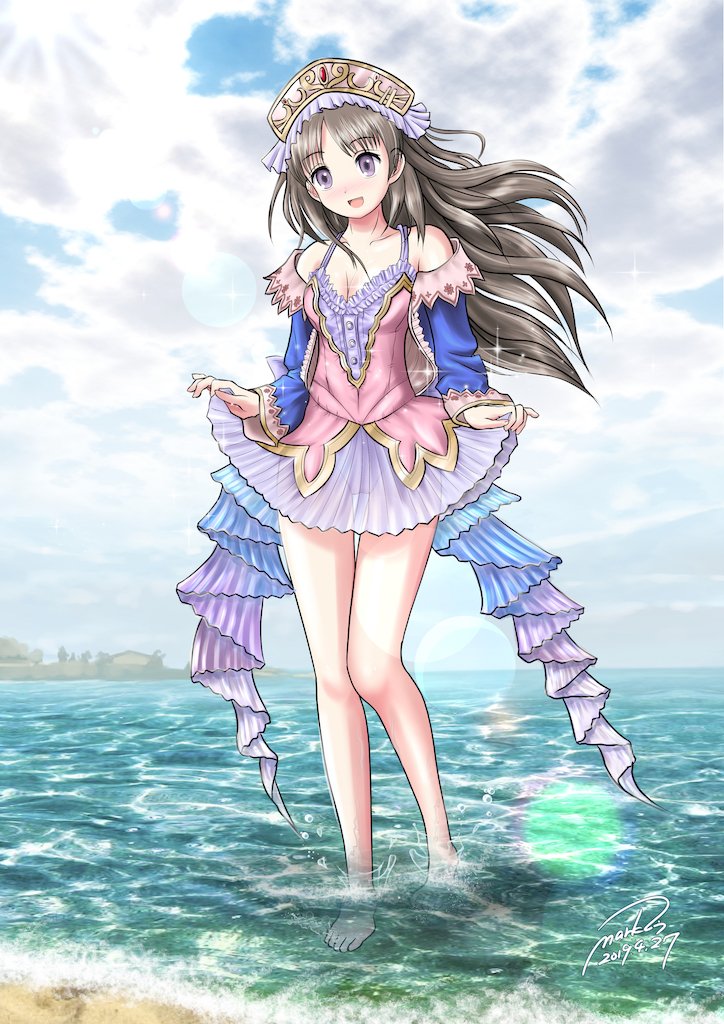1girl atelier_(series) atelier_totori bare_shoulders beach breasts brown_hair clouds detached_sleeves dress hat long_hair looking_at_viewer mark2u multiple_girls open_mouth see-through skirt smile solo totooria_helmold