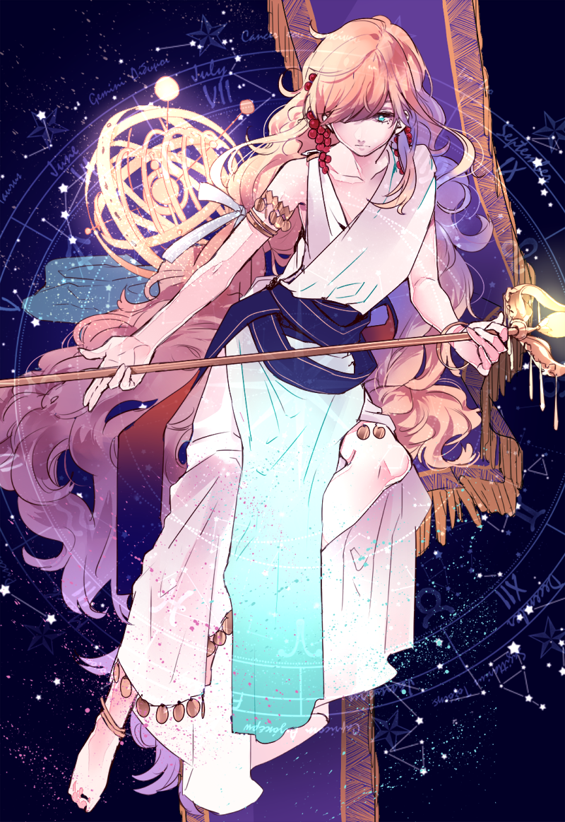 1boy androgynous anklet armlet barefoot bishounen blonde_hair blue_eyes bracelet circle dress earrings floating food fruit g.g.lemon glint holding holding_scepter jewelry long_hair magi_the_labyrinth_of_magic scepter solo star_(sky) star_(symbol) titus_alexius white_dress