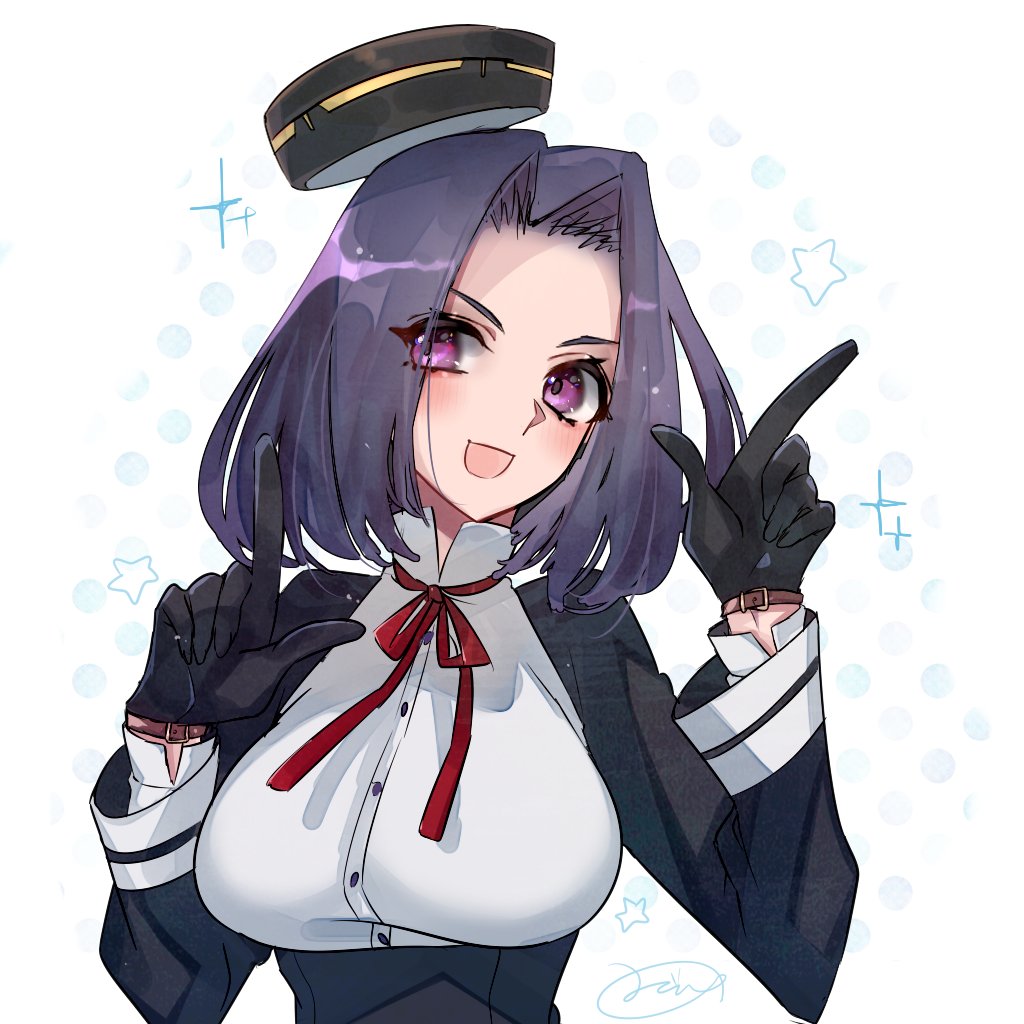 1girl black_dress black_gloves breasts commentary_request dress gloves hair_intakes index_finger_raised kantai_collection large_breasts looking_at_viewer mechanical_halo mizoredama1 one-hour_drawing_challenge purple_hair short_hair smile solo tatsuta_(kancolle) upper_body violet_eyes white_background