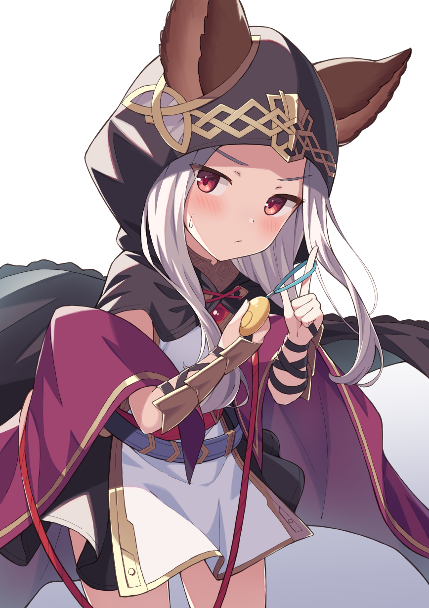 1girl animal_ears arm_guards bangs belt black_skirt blush cloak closed_mouth commentary_request crime_prevention_buzzer ears_through_headwear erune eyebrows_visible_through_hair gradient gradient_background granblue_fantasy green_hair grey_background grey_hair highres holding hood hooded_cloak index_finger_raised kochi_michikaze long_hair looking_at_viewer parted_bangs red_eyes scathacha_(granblue_fantasy) skirt solo standing sweat white_background