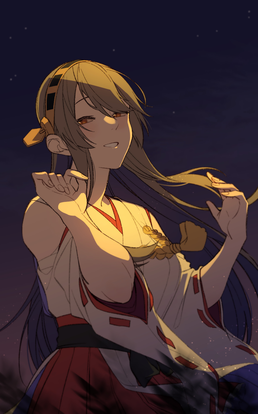 1girl bangs breasts brown_eyes bush detached_sleeves grey_hair haruna_(kancolle) highres japanese_clothes kantai_collection long_hair looking_at_viewer night outdoors parted_lips ribbon-trimmed_sleeves ribbon_trim sky solo star_(sky) tanaka_io_(craftstudio) wide_sleeves