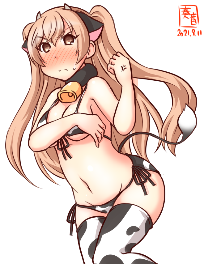 1girl alternate_costume animal_ears animal_print artist_logo bell bikini blush breasts brown_eyes commentary_request covering covering_breasts cow_ears cow_horns cow_print cow_tail cowbell cowboy_shot dated fake_animal_ears fake_horns front-tie_top horns johnston_(kancolle) kanon_(kurogane_knights) kantai_collection light_brown_hair long_hair looking_at_viewer medium_breasts nose_blush one-hour_drawing_challenge side-tie_bikini simple_background solo swimsuit tail two_side_up white_background white_bikini white_legwear