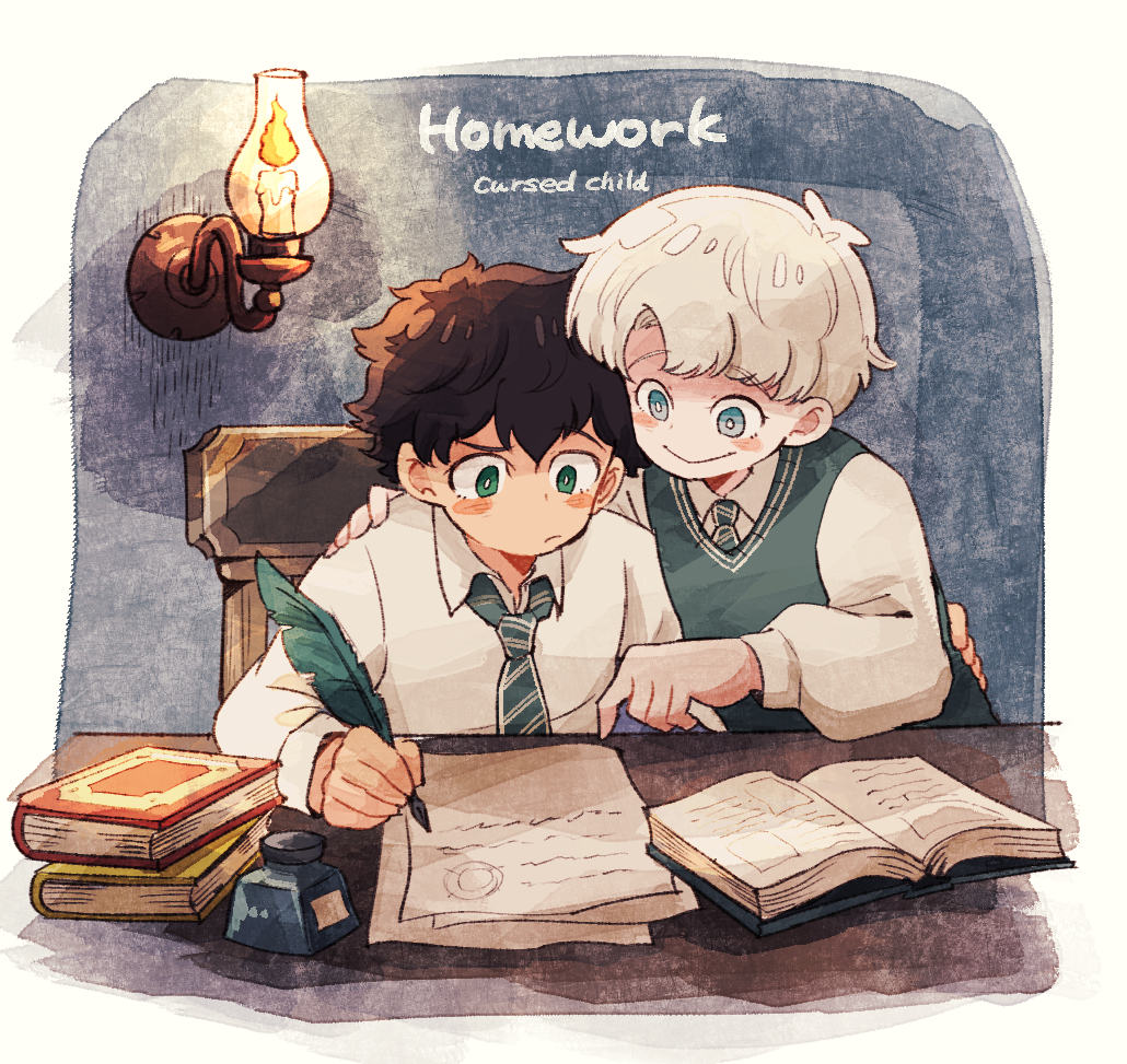 2boys albus_severus_potter amazou black_hair blonde_hair blue_eyes book chair green_eyes harry_potter harry_potter:_the_cursed_child hogwarts_school_uniform holding_quill ink_bottle inkwell multiple_boys necktie open_book quill school_uniform scorpius_malfoy short_hair slytherin smile striped striped_neckwear vest writing