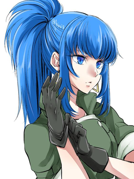 1girl adjusting_clothes adjusting_gloves bangs black_gloves blue_eyes blue_hair earrings gloves green_jacket high_ponytail jacket jewelry leona_heidern long_hair military military_uniform ponytail shino-o simple_background solo the_king_of_fighters triangle_earrings uniform white_background
