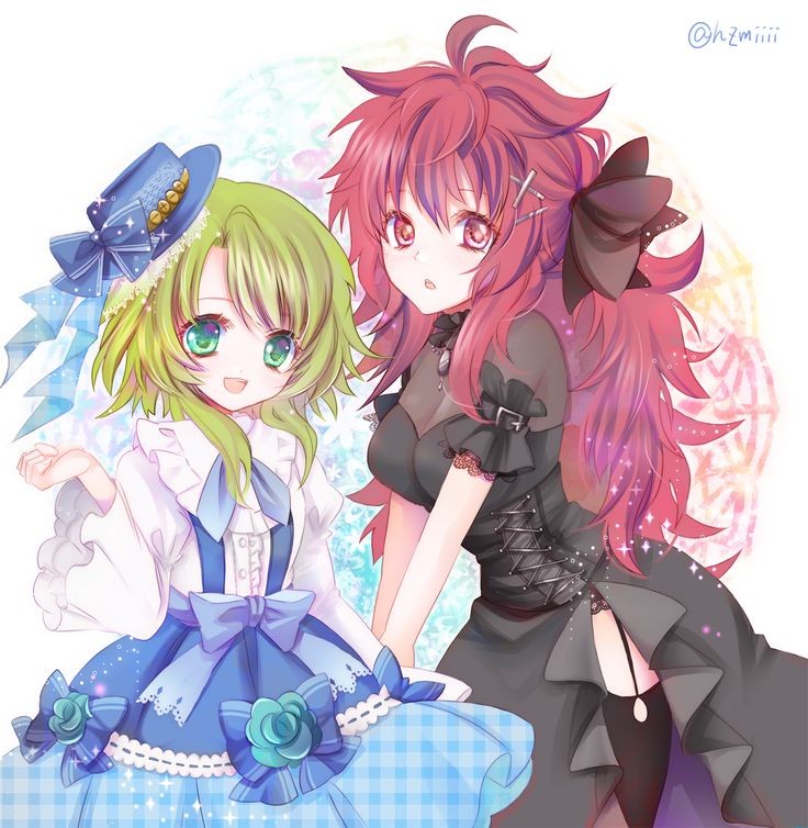 2girls ahoge alternate_costume bad_id bad_twitter_id black_dress bow dress egokoro_nao flower frilled_dress frills gem hair_between_eyes hair_ornament hat hat_ribbon hzmiiii jewelry kizuchi_kanna looking_at_viewer multiple_girls open_mouth overalls plaid puffy_sleeves ribbon see-through_sleeves sidelocks simple_background thigh-highs
